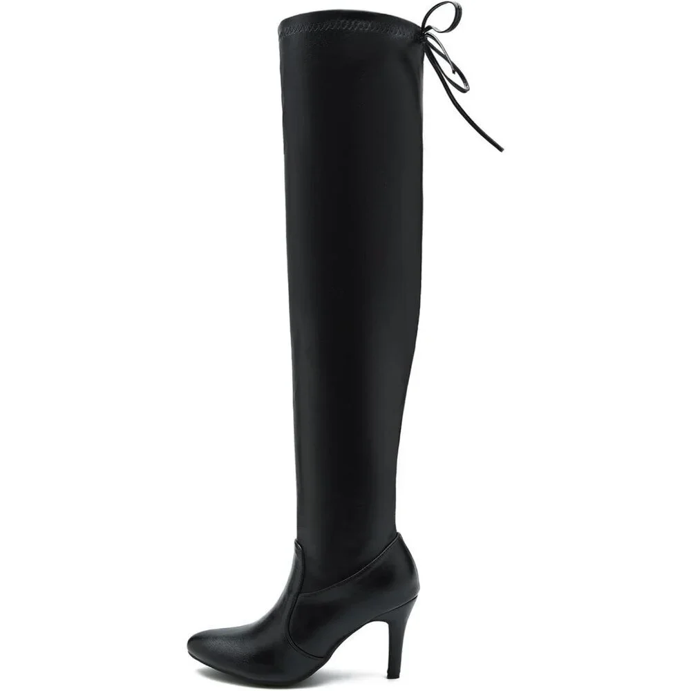 Women Black Polyurethane Pointed Toe Over The Knee Thigh High Stiletto Heel Boot